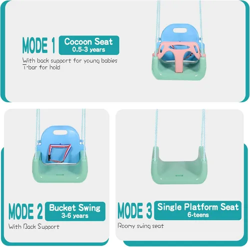 Miniatura 4 de RedSwing Asiento de columpio 3 en 1 para bebé, columpios para niños pequeños, antideslizantes, cómodos y seguros, desmontable para bebés y Azul