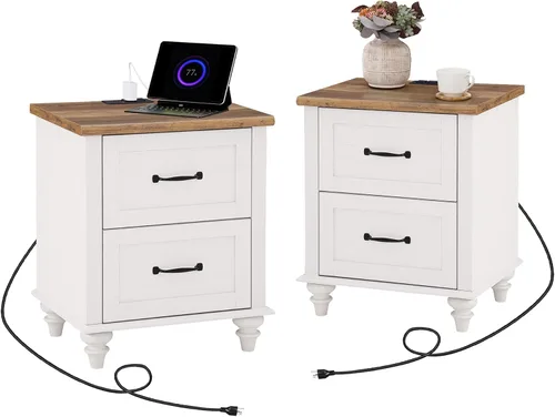 Miniatura 9 de WAMPAT Juego de 2 mesas auxiliares, mesa auxiliar de mediados de siglo para dormitorio, mesita de noche de madera con 2 cajones grandes, mesita