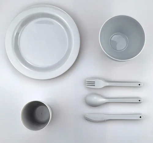 Miniatura 3 de Juego de platos y cuencos de plástico, platos esenciales para dormitorio universitario, platos de campamento, accesorios de vajilla, kit de Gris