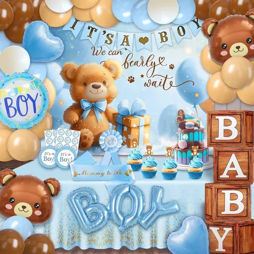 Decoraciones de oso para baby shower, 80 globos, 4 bloques de grano de madera con letra, telón de fondo con texto en inglés "We can bearly wait",