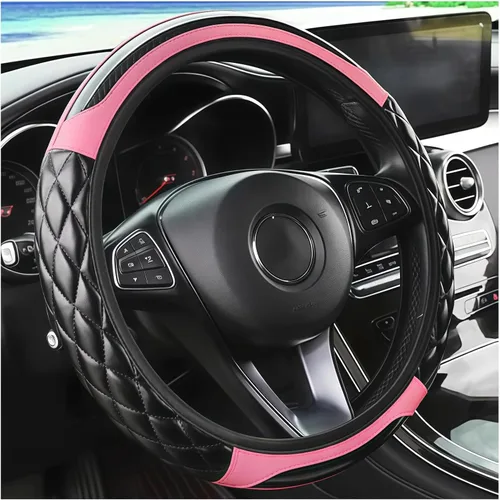 Miniatura 8 de Funda de fibra de carbono para volante de automóvil, de cuero transpirable, antideslizante, protector de volante de vehículo de 14.5 a 15 pulgadas