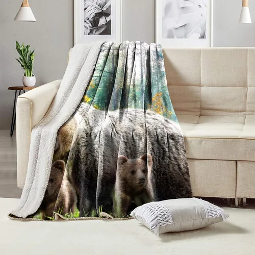 Miniatura 2 de Manta de Forro Polar de 80"x60", Suave, Acogedora, Cálida, Difusa, Manta de Franela de Felpa, Familia de Osos Pardos en el Bosque, Manta para Sofá