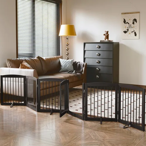 Miniatura 15 de PUPETPO Puertas independientes para mascotas con puerta de paso, valla interior para perros, puerta para perros para la casa, puerta, escaleras, Gris