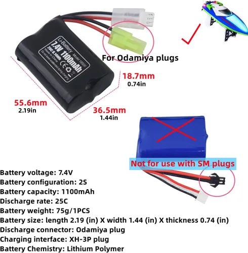 Miniatura 2 de 2 unids 7.4 V 1100 mAh batería de litio para H102 TX121 alta velocidad RC barco al aire libre agua eléctrica RC juguete remo