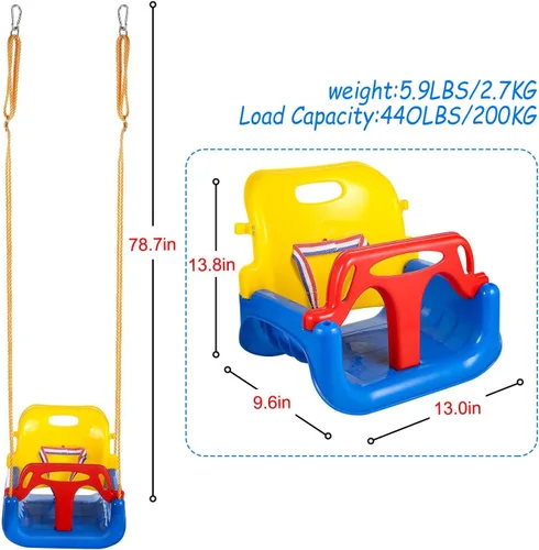Miniatura 7 de IFOYO Asiento de columpio convertible 3 en 1 para niños con respaldo alto desmontable, columpio seguro para interiores y exteriores para niños
