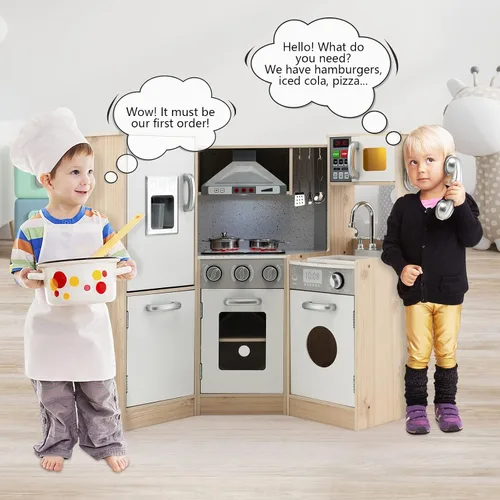 Miniatura 3 de Costzon Juego de cocina para niños, cocina de juego de simulación de madera 9 en 1 con luz y sonido realistas, máquina de hielo, lavadora