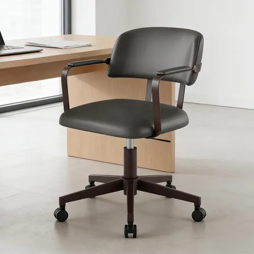 Miniatura 11 de Silla de escritorio moderna de mediados de siglo con diseño de madera curvada de nogal, silla retro de oficina en casa con altura ajustable, giro