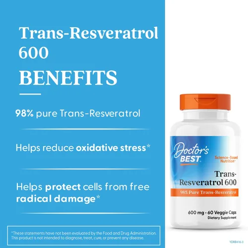 Miniatura 2 de Doctor's Best Suplemento Trans Resveratrol 600 mg para hombres y mujeres - Cápsulas de trans-resveratrol 98% puro para nutrición, apoyo a la salud