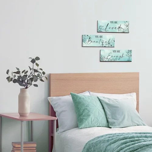 Miniatura 7 de Yookeer 3 Piezas de Arte de Pared Colgante de Madera Floral con Citas Inspiradoras "Eres Hermosa" Imagen para Habitación Decoración Gracias