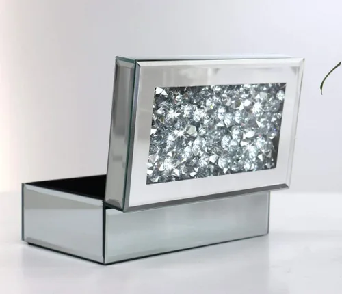 Miniatura 7 de QMDECOR Caja de joyería de lujo con espejo de cristal de diamante triturado de plata para mujeres