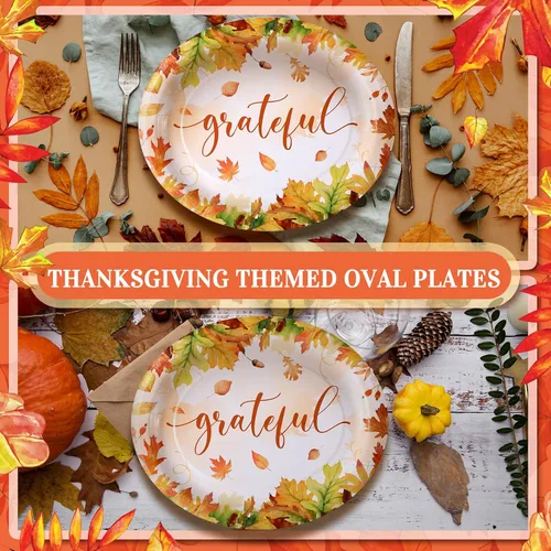 Miniatura 4 de Tioncy 100 Piezas Platos Ovalados Desechables de Papel de 10'' x 12'' de Acción de Gracias Platos Ovalados Grandes de Hojas de Otoño Vajilla