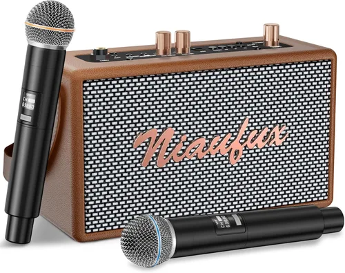 Miniatura 10 de Máquina de karaoke, altavoz de diseño retro con 2 micrófonos inalámbricos para adultos y niños, sistema de karaoke portátil para fiesta en casa