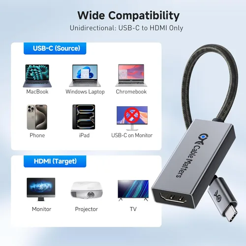 Miniatura 7 de Cable Matters Adaptador unidireccional USB C a HDMI 2.1 de 48 Gbps, compatible con 8K 60Hz / 4K 240Hz HDR, Thunderbolt 4 a HDMI2.1, adaptador HDMI