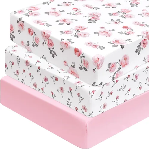 Miniatura 13 de PHF 3 paquetes de sábanas de cuna suaves, sábanas bajeras florales rosa transpirables y cómodas para niñas, ajuste universal sin deslizamiento