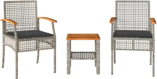 Miniatura 2 de Conjunto Bistro 3 Pièces Gris et Brun pour Balcon Petit Jardin, Table y Bois d'Acacia Chaises y Rotin Synthétique PE, Compact et Confortable