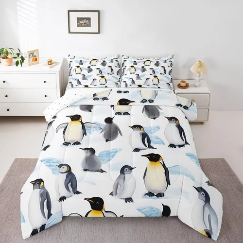Miniatura 2 de Erosebridal Juego de ropa de cama de pingüinos de dibujos animados, tamaño matrimonial, juego de edredón de pingüinos lindos y divertidos, juego