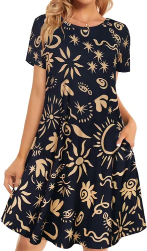 Miniatura 29 de Vestidos de verano para mujer, informales, holgados, estilo camiseta, florales, de manga corta, con vuelo y bolsillos, para la playa