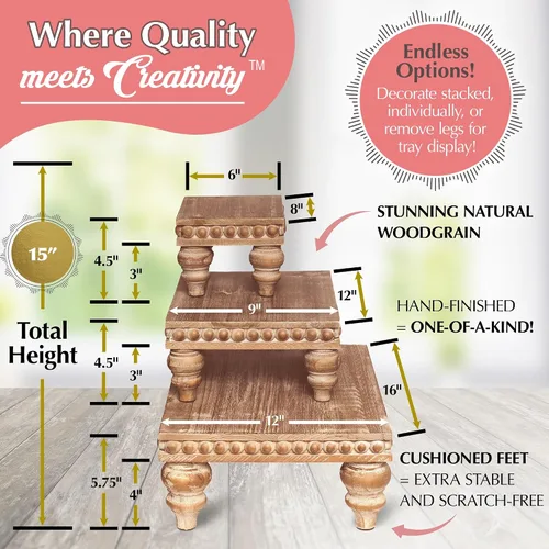Miniatura 3 de Felt Creative Home Goods Elevadores de madera [Juego de 3] Elevadores de granja de alta calidad Elevadores de madera con cuentas para exhibición