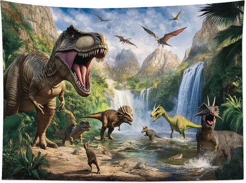 Miniatura 9 de HVEST Tapiz de dinosaurio salvaje y antiguo depredador para colgar en la pared, bosque tropical con árboles verdes y montañas, tapices de pared