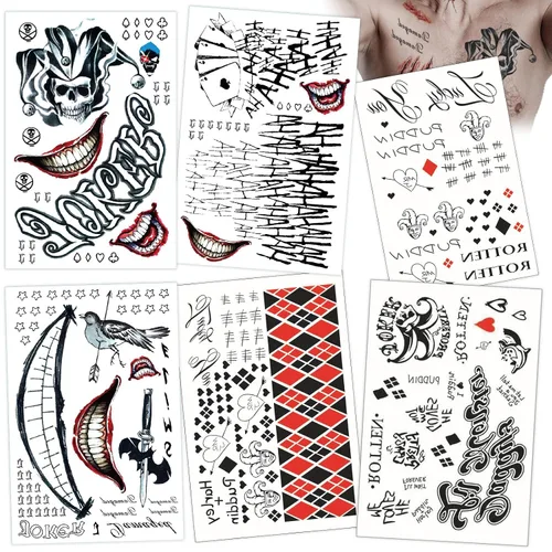 Miniatura 9 de 18 hojas de tatuajes de Joker HQ para mujeres y hombres, escuadrón suicida de Halloween, tatuajes temporales falsos realistas para adultos, 18 hojas