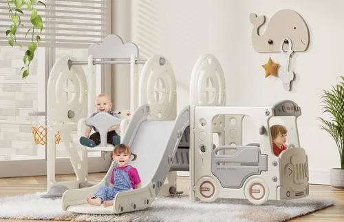 Miniatura 8 de BIERUM Tobogán para niños pequeños de 1 a 3 años con aro de baloncesto y columpio, tobogán de bebé para niños, regalo ideal, parque