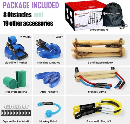 Miniatura 8 de Carrera de obstáculos Ninja Warrior para niños, kit de línea floja de 2 x 56 pies con 8 accesorios ninja + hebillas de ajuste rápido, barra de mono