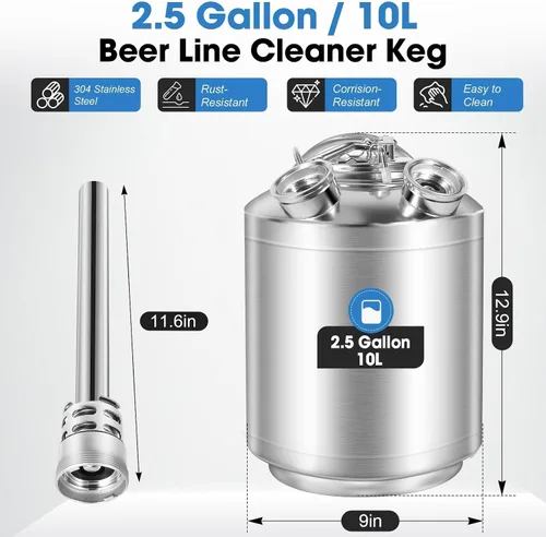Miniatura 3 de Kit de limpieza Kegerator de 2.5 galones, kit de limpieza de línea de cerveza de acero inoxidable 304 con acoplador 2D, kit de limpieza de barril