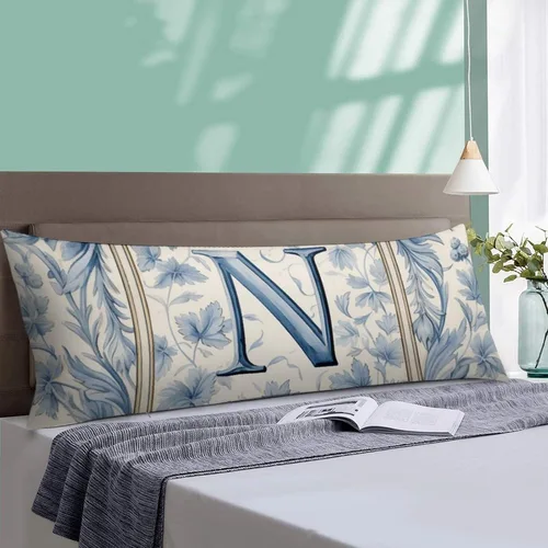 Miniatura 4 de Funda de almohada con monograma rústico de color azul suave con inicial N Body de 20 x 54 pulgadas, funda de almohada floral personalizada