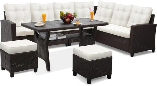 KROFEM Juego de muebles de patio al aire libre de 6 piezas - Sofá seccional, mesa de comedor y sillas incluidas, juego de comedor para todo tipo de