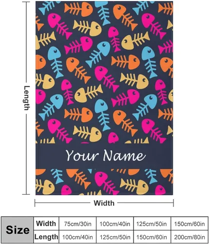 Miniatura 2 de Manta personalizada con texto de tu nombre, mantas de vellón coloridas personalizadas con huesos de pescado para adultos, niños, familia