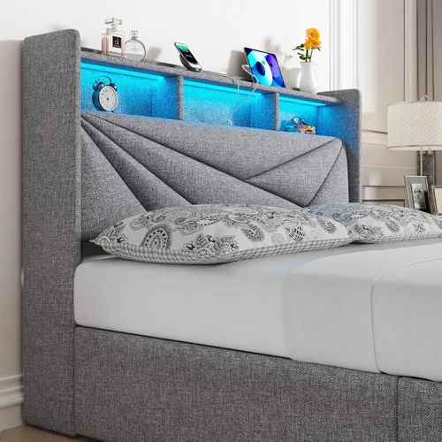 Miniatura 6 de Driftalia Marco de cama LED de tamaño completo con 4 cajones de almacenamiento, marco de cama de tamaño completo tapizado con cabecera de 2 niveles