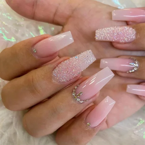 Uñas postizas cuadradas medianas con diseño de diamantes de imitación, uñas acrílicas brillantes con diseño de diamantes de imitación, uñas