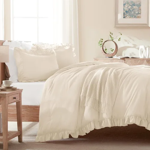 Miniatura 4 de Andency Juego de edredón beige tamaño King, 3 piezas estilo farmhouse shabby chic con volantes, ligero esponjoso suave de microfibra para todas