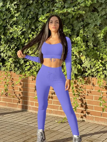 Miniatura 4 de Stylishine Conjunto de 2 piezas de entrenamiento para mujer, trajes acanalados de manga larga, tops cortos de cintura alta, leggings para yoga