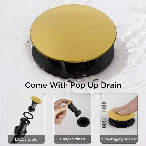 Miniatura 7 de FORIOUS - Grifo de baño dorado de 1 agujero, grifo de lavabo de acero inoxidable con desagüe emergente de metal y manguera de suministro, adecuado