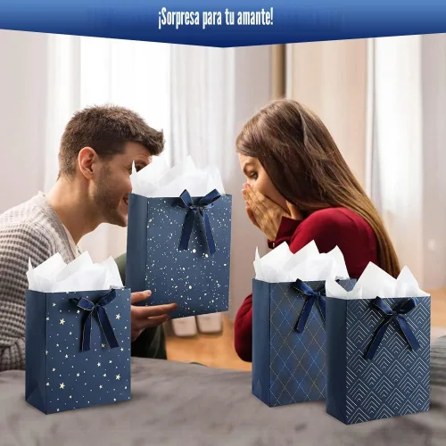 Miniatura 8 de KomoLeay Paquete de 4 bolsas de regalo de tamaño mediano de 9 pulgadas, bolsas de regalo azules de alta calidad con papel de seda para cumpleaños