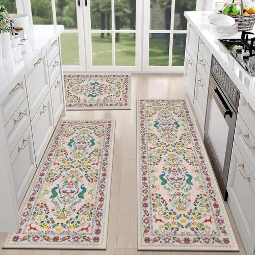 Miniatura 23 de HEBE - Juego de 3 alfombras de cocina de granja, antideslizantes, lavables, tapetes de cocina bohemios para suelo, alfombra de cocina, alfombra