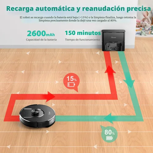 Miniatura 8 de Tikom Robot Aspirador y Fregona, Aspiradora Robótica de 6000 Pa con Base de Vaciado Automático, Capacidad de 90 Días, Navegación LiDAR, Mapeo