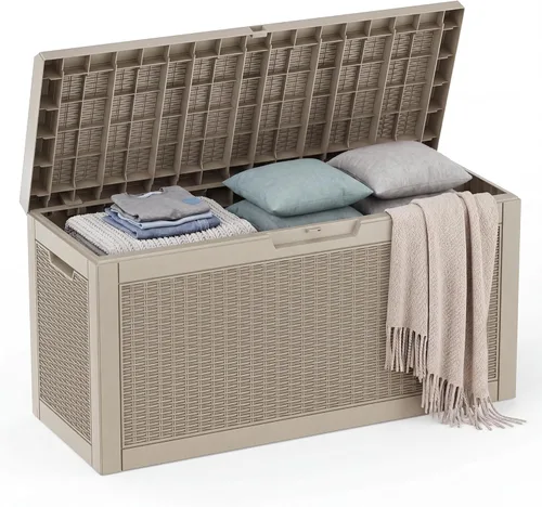 Miniatura 21 de EasyUp Caja de almacenamiento al aire libre de 30 galones, caja de resina para muebles, herramientas de jardín, cajas de almacenamiento exteriores
