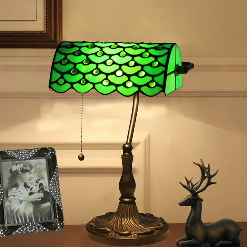 Miniatura 3 de Green Bankers - Lámpara de mesa vintage, luz de escritorio retro, lámpara de escritorio de oficina de vidrieras Tiffany, lámpara de cuentas