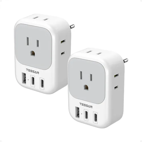 Paquete de 2 adaptadores de enchufe de viaje europeos (sin conversión de voltaje), TESSAN adaptador de enchufe de EE. UU. a Europa con 4 tomas