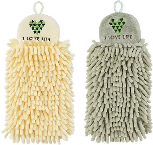 Miniatura 8 de Paquete de 2 toallas de mano colgantes de chenilla, toallas de mano de microfibra súper absorbentes, toallas de mano de felpa suave de secado rápido