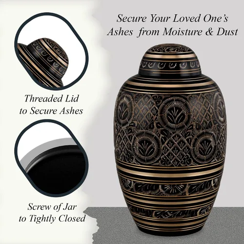 Miniatura 4 de Forever URNS Urna de cremación para adultos con acabado grabado a mano de latón negro Beauty para cenizas humanas de mujeres y hombres, 200 pulgadas