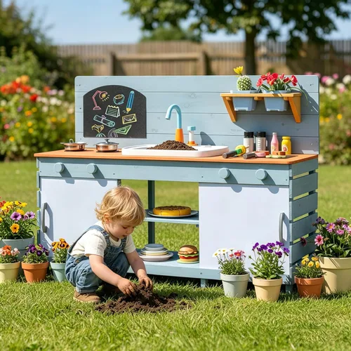 Miniatura 10 de Costzon Cocina de barro, juego de juguetes de madera con estufas, fregadero, grifo, parrilla, pizarra, perillas giratorias, macetas, estantes