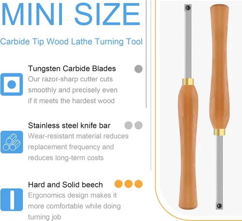 Miniatura 3 de Herramienta de torneado de madera de tamaño mini, cincel de torno de carburo con inserto cuadrado de 0.433 in, raspador de torneado de madera