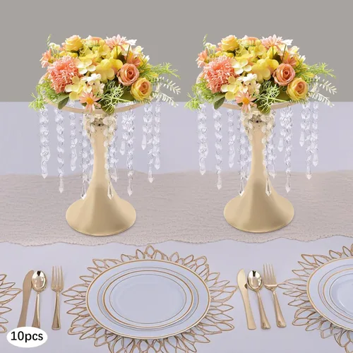 Miniatura 9 de Juego de 10 portavelas de metal dorado de 10.2 pulgadas de alto, florero, arreglo floral, candelabro, candelabro, portavelas para bodas, fiestas