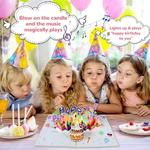 Miniatura 2 de Tarjeta de Cumpleaños Musical 3D, Vela de Luz LED Soplable, Tarjetas de 3D de Cumpleaños Emergentes con Números DIY 0-9, Vela de Luz LED Soplable