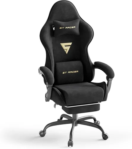 Miniatura 13 de Huracan Silla de juegos de tela de terciopelo con reposapiés para adultos, sillas ergonómicas para juegos con base de masaje, silla reclinable