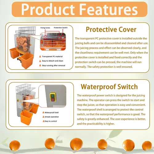 Miniatura 5 de Máquina exprimidora naranja comercial de 110 V, extractor automático de acero inoxidable naranja con engranajes de acero, 2 cáscaras que recogen