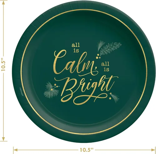 Miniatura 3 de HOME & HOOPLA Platos y servilletas de papel grandes para fiesta de Navidad, diseño calmado y brillante en verde y dorado moderno (para 16 personas)